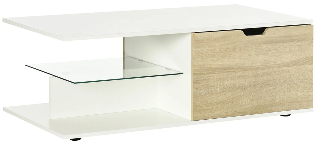 HOMCOM Mesa de Centro Moderna para Sala de Estar com Prateleira de Vidro Temperado e 2 Gavetas 106x58x39cm Branco e Madeira | Aosom Portugal