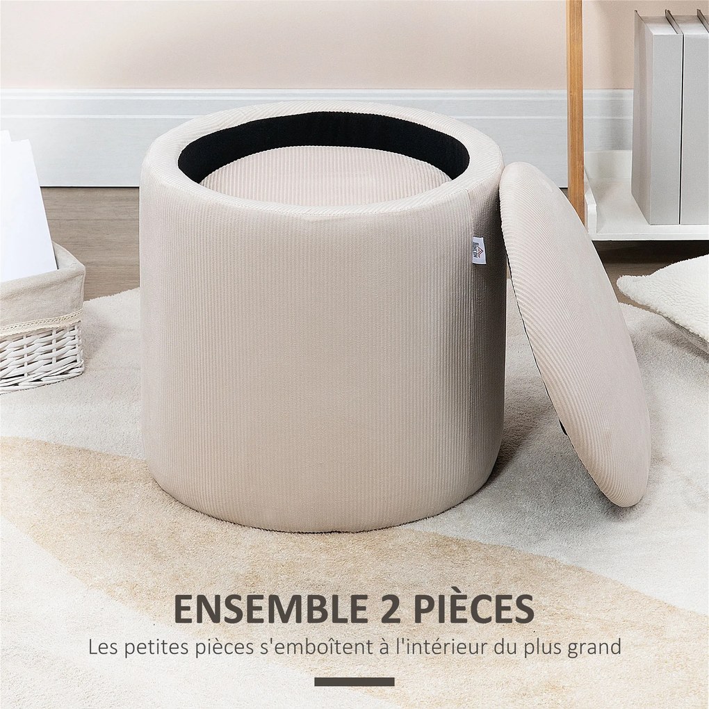 Conjunto de 2 pufes/bancos/apoios para os pés com baú de arrumação em tecido com aspeto de veludo canelado, Ø40 cm e Ø30 cm, creme