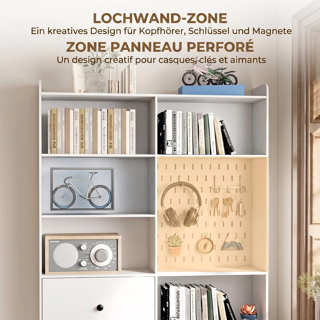 Estante para Livros Alta e Estreita com Painel Perfurado 2 Gavetas e 8 Compartimentos 120x30x200 cm Branco