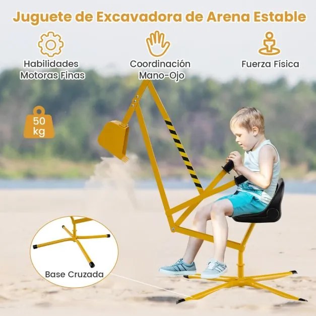 Escavadora de areia para crianças com controlos de duas mãos e pá flexível, assento giratório 360° e encosto 123 x 62 x 62 cm amarelo