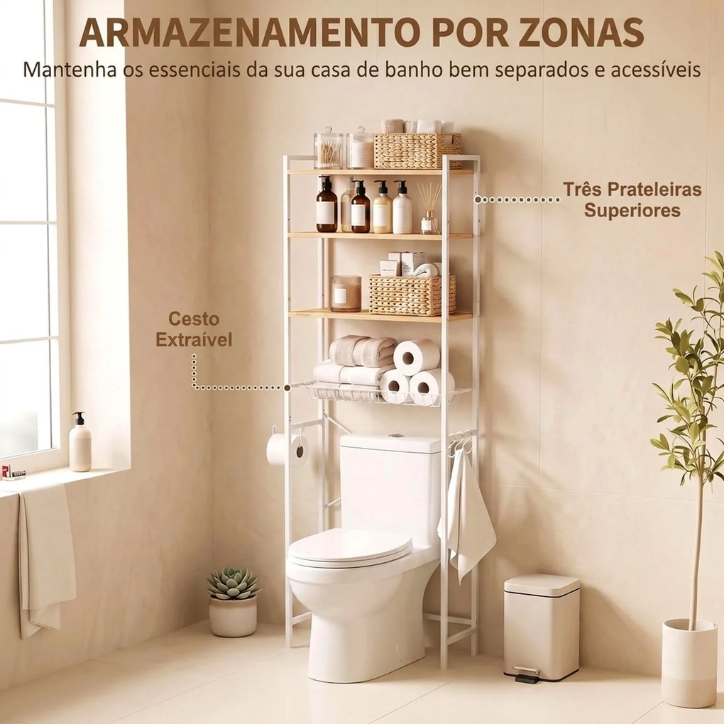 Móvel sobre a Sanita com 3 Níveis, Porta-Rolos, Prateleiras Ajustáveis, Cesto Extraível e Ganchos, Cor Carvalho