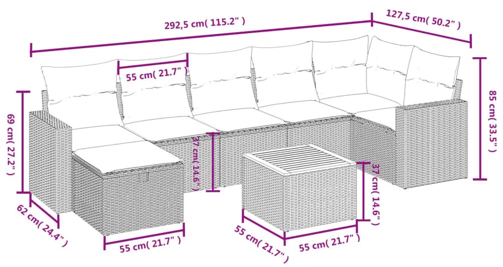 8 pcs conjunto sofás de jardim c/ almofadões vime PE cinzento