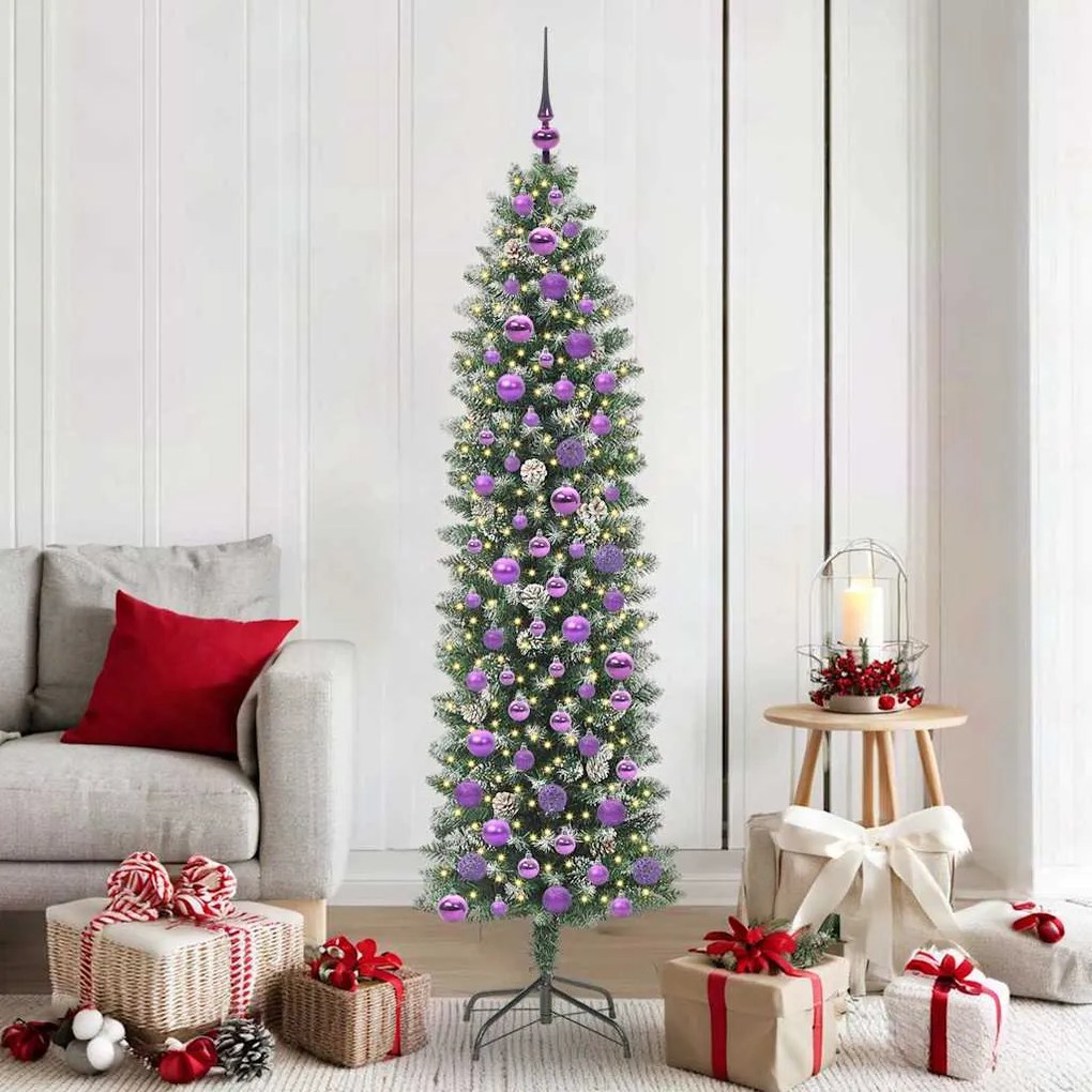 vidaXL Árvore Slim de Natal Artificial Verde e Branco 180 cm