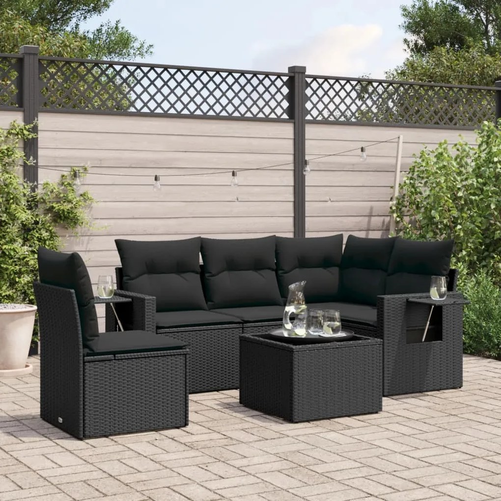 vidaXL 6 pcs conjunto sofás de jardim c/ almofadões vime PE preto