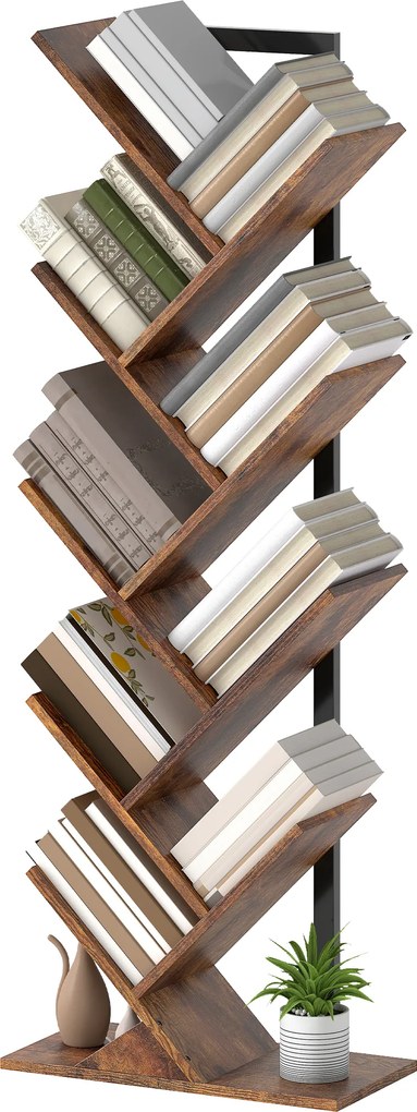 Estante em forma de árvore com 9 níveis 50 x 24 x 136 cm, móvel de arrumação industrial com estrutura em aço, castanho rústico