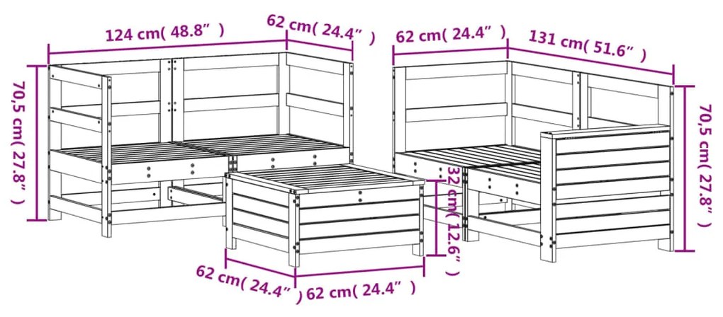 5 pcs conjunto de sofás para jardim madeira de pinho maciça