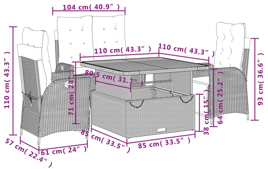 4 pcs conjunto de jantar p/ jardim c/ almofadões vime PE cinza