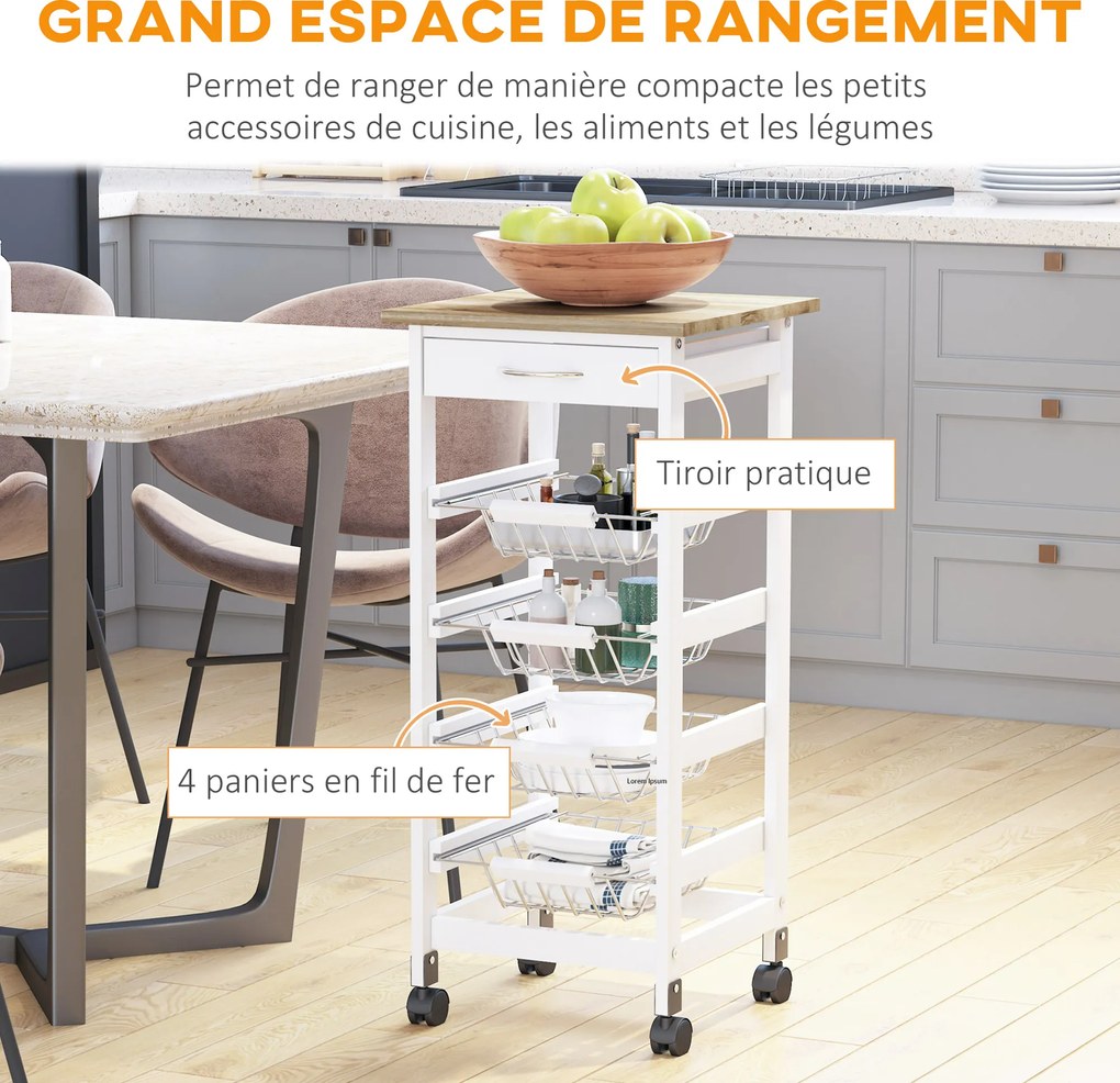 Carrinho de cozinha 37 x 37 x 82 cm com rodas e vários compartimentos: 4 cestos de metal + gaveta de pinho,, branco