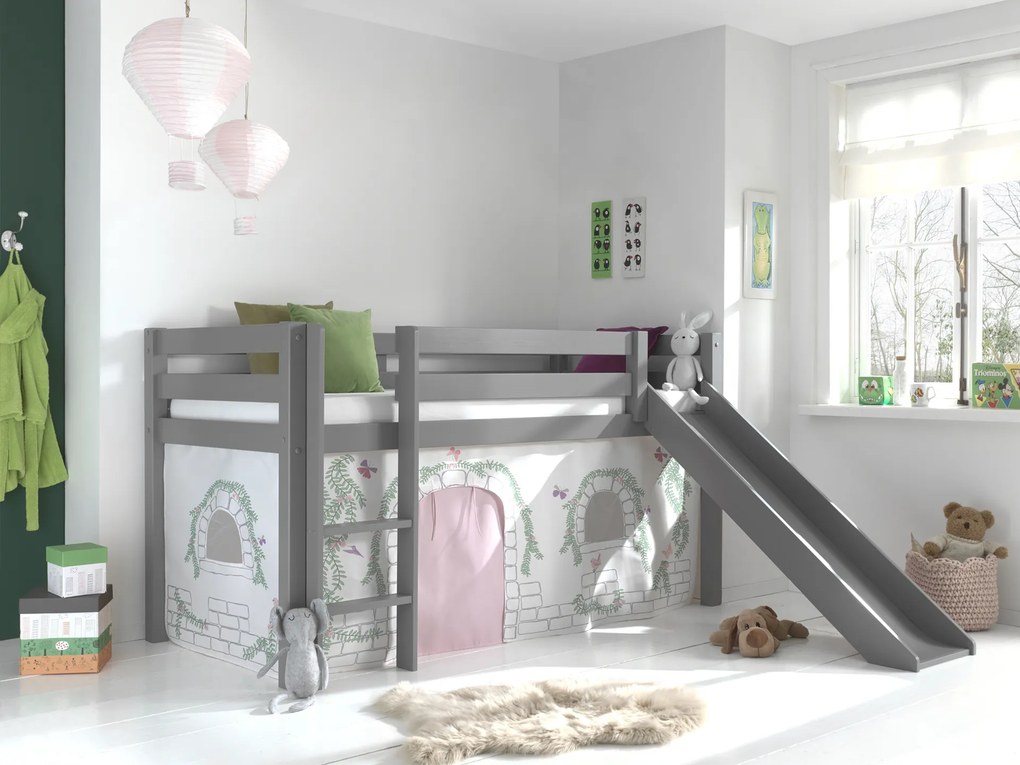 Conjunto Cama alta de Criança PINO 90 x 200 cm + estrado + escada + escorrega + tunel + cortina Passaros Cinzenta