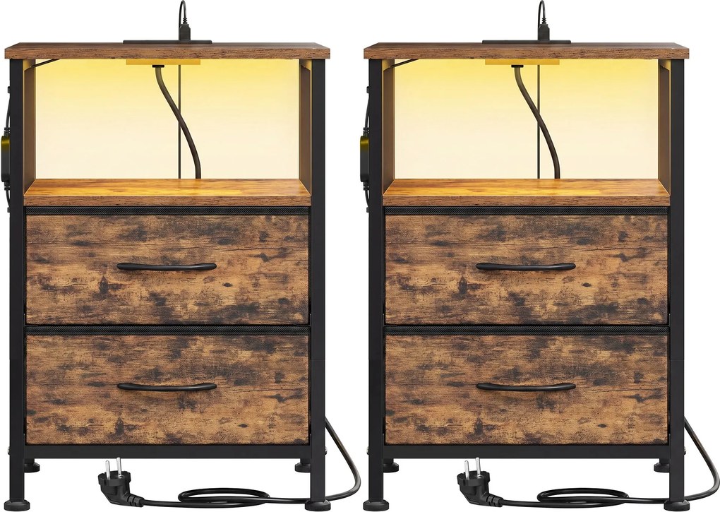 Conjunto 2 Mesas de cabeçeira com iluminação LED e base de carregamento 30 x 39,6 x 60,4 cm Castanhas
