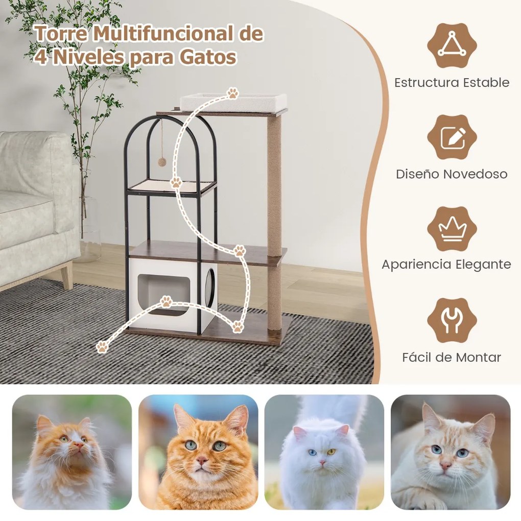 Arranhador para gatos de 118 cm com estrutura metálica Posto de arranhar de juta Tábua de sisal Bola de sisal Centro de actividades suspenso para gato