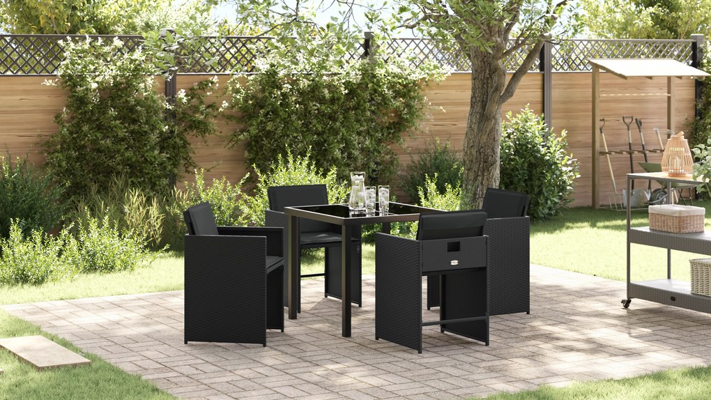 vidaXL Conjunto de Jantar de Jardim de 5 Peças com Almofadas Preto Rattan Poli