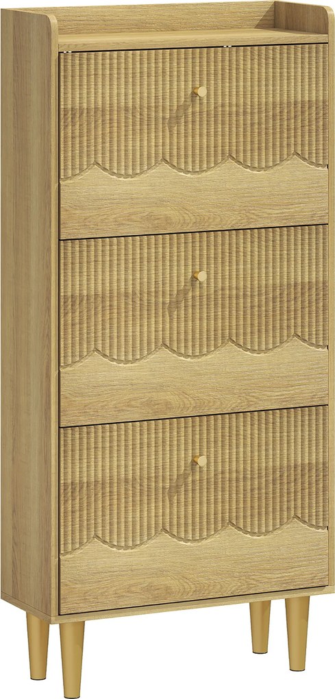HOMCOM Armário de sapatos 18 pares, armário estreito, 3 gavetas basculantes, prateleiras ajustáveis, 60x24x128cm, Carvalho | Aosom Portugal