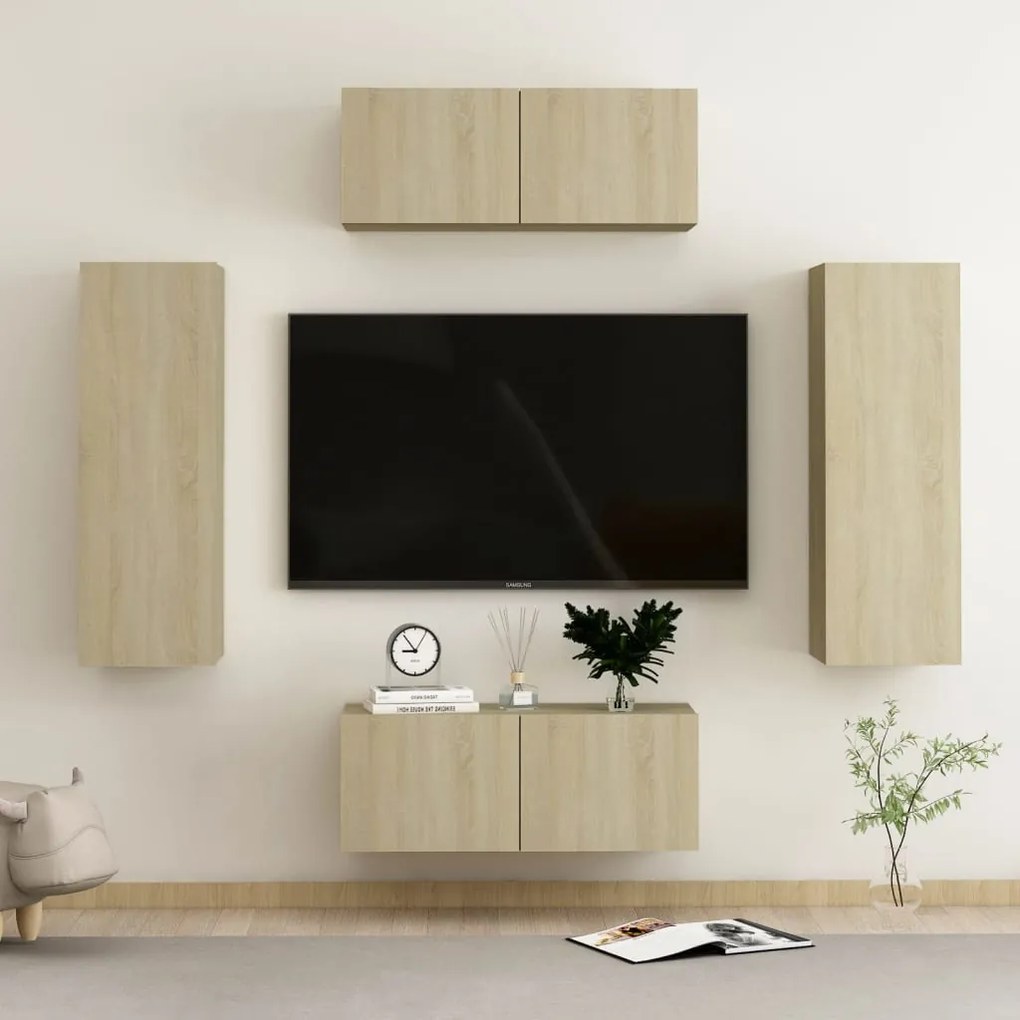 4pcs conjunto de móveis de TV derivados madeira carvalho sonoma