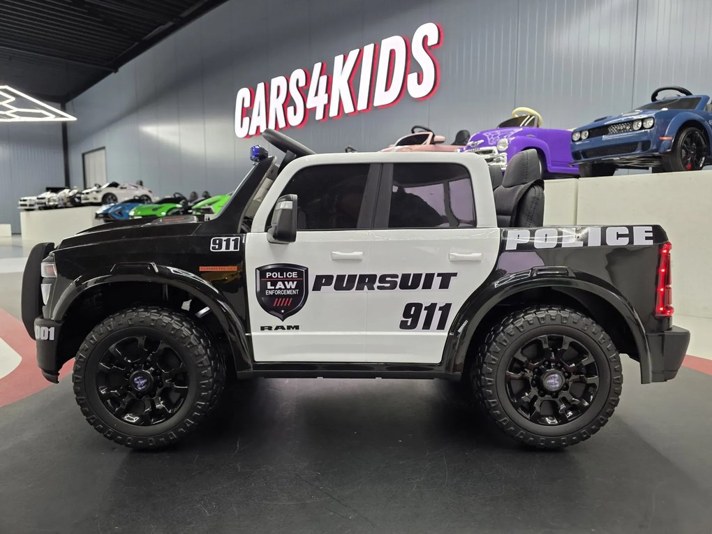 Carro Infantil bateria 12V Dodge RAM Policia, Pneus Borracha, Assento de couro Preto