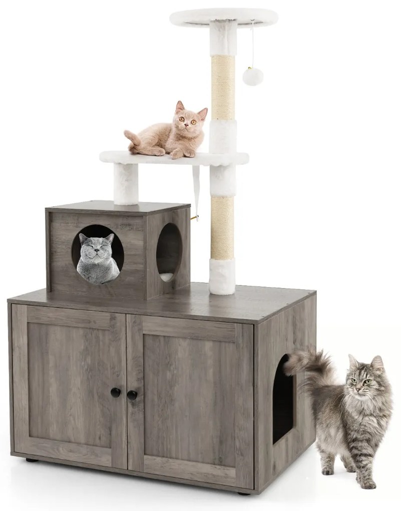 Caixa de areia para Gatos 2 em 1 com arranhador para Gatos, com esconderijo e divisão 77,5 x 49 x 132 cm Cinzento