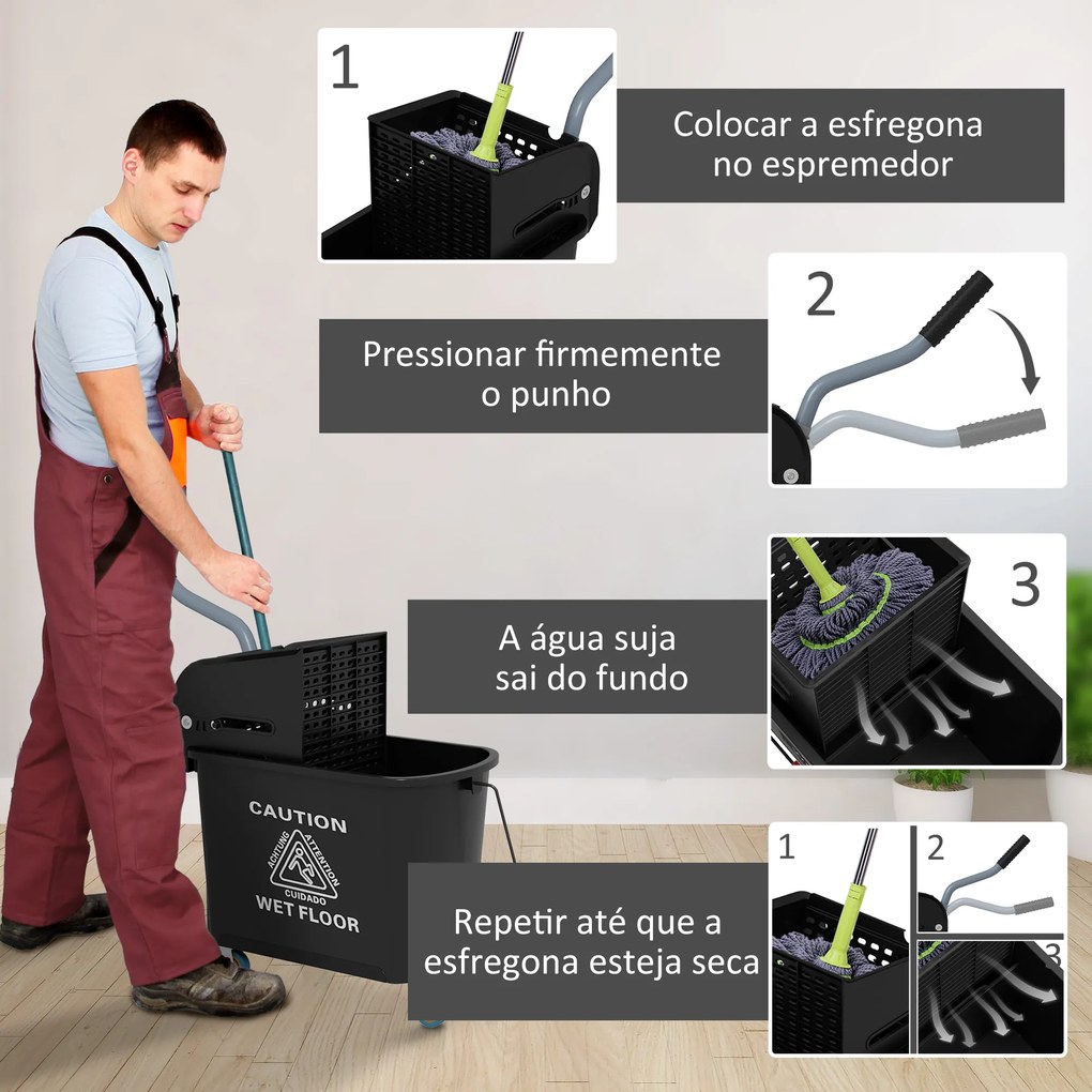 Balde de Limpeza 20L com Rodas e Espremedor Balde para Esfregona com Separador de Água 60x27x70,5 cm Preto