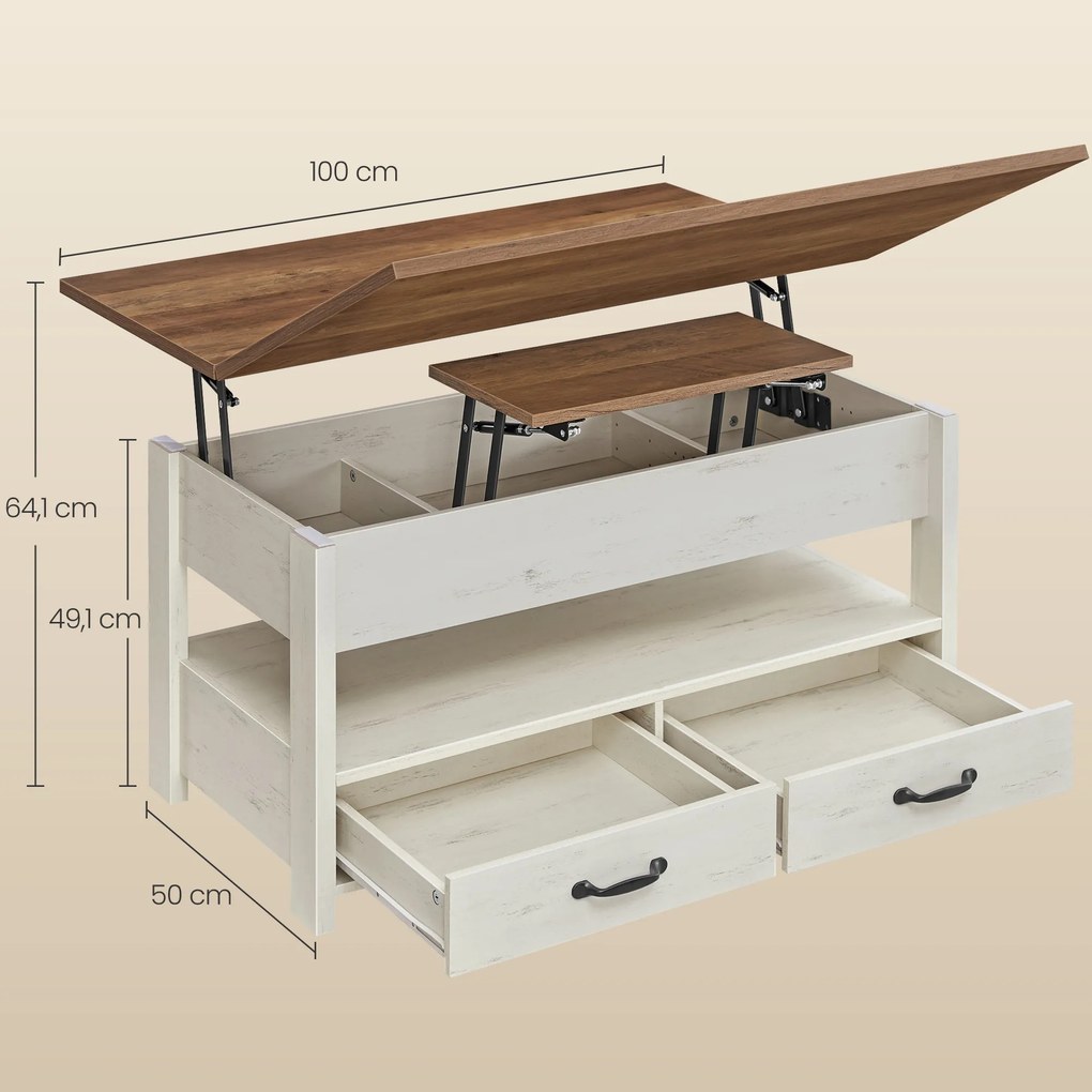 Mesa de centro, mesa de sala de estar 50 x 100 x 49,1 cm/64,1 cm castanho-branco