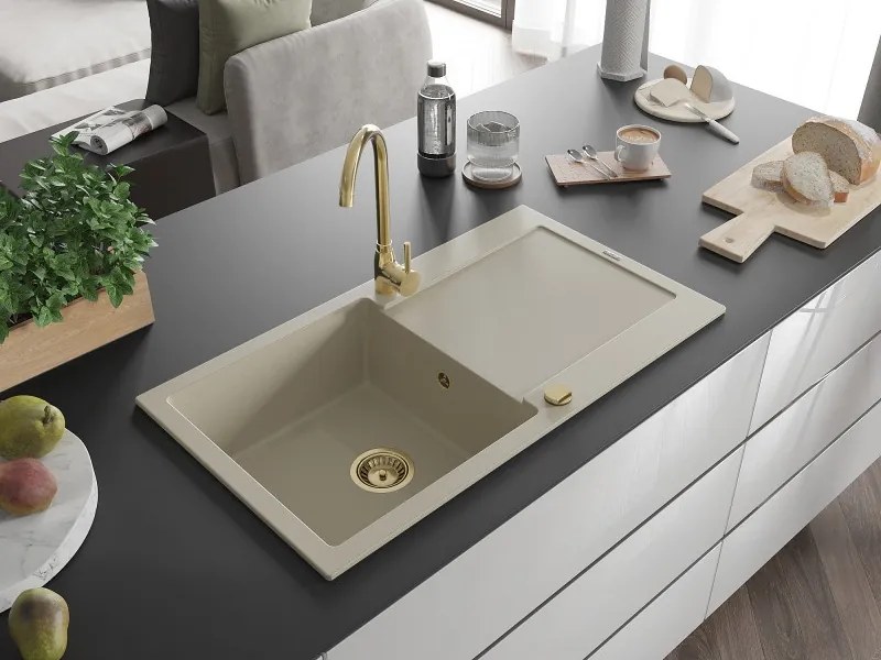 Mexen Leo lava-loiça de granito 1-bacia com escorredor 900 x 500 mm, bege, sifão dourado - 6501901010-69-G