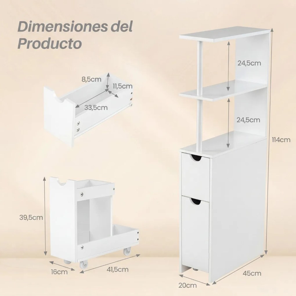 Armário de arrumação estreito de casa de banho 45 × 20 × 114 cm compacto, com prateleiras abertas, gaveta extraível e carrinho branco