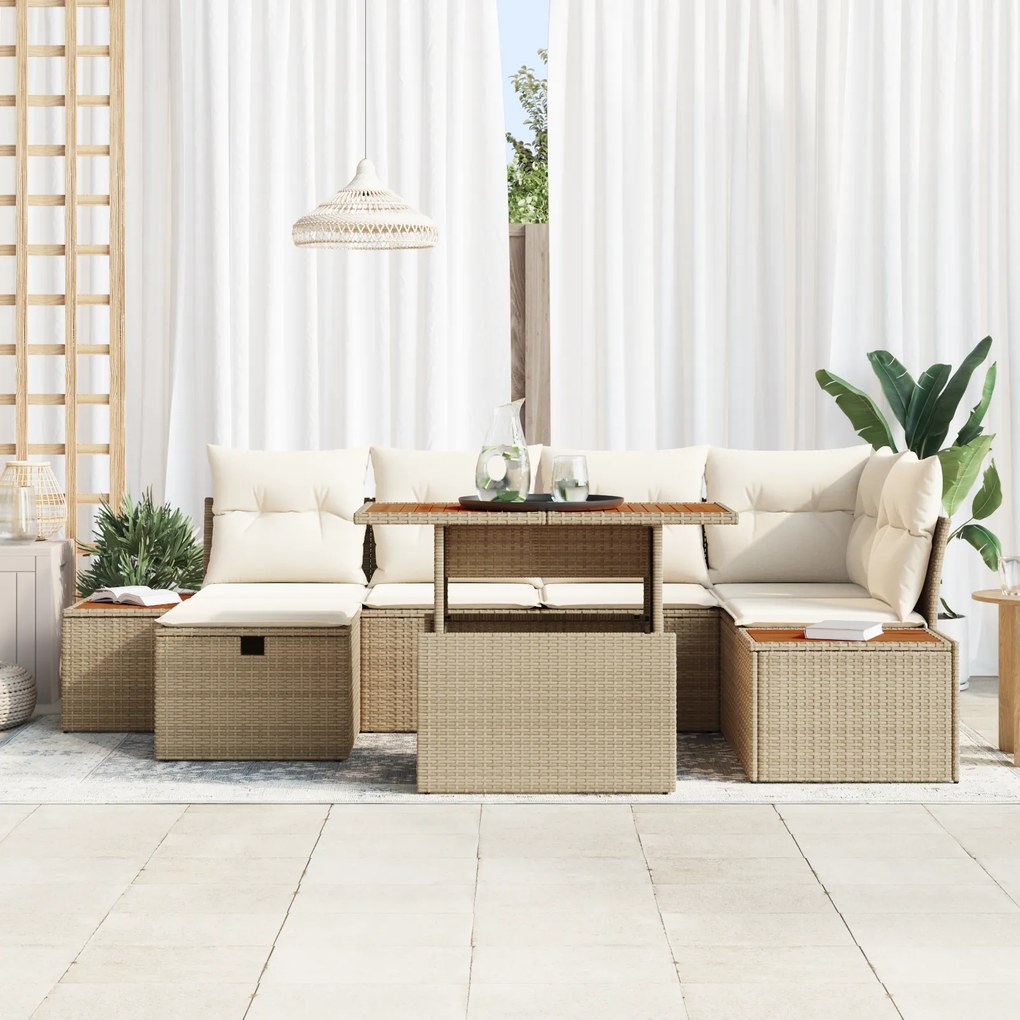 Conjunto de Sofás de Jardim de 7 Peças com Almofadas Bege de Poli Ratt