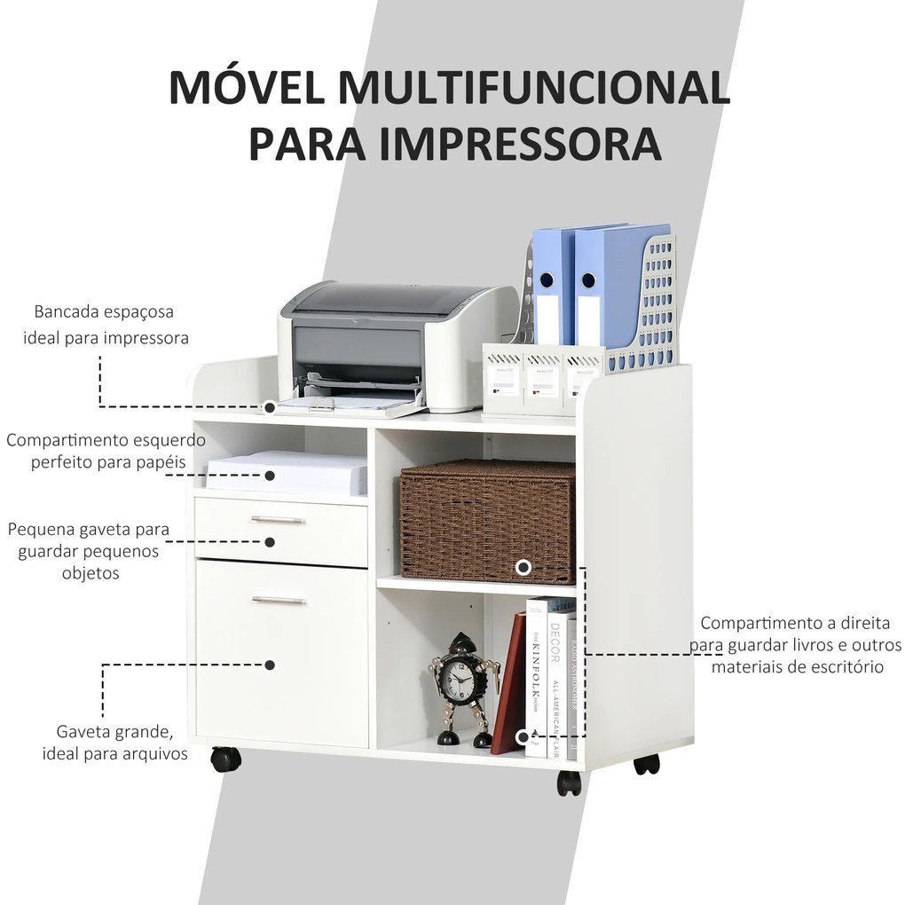 Armário para Impressora com 3 Compartimentos 2 Gavetas para Arquivos Prateleira 2 Rodas com Freios 80x40x72 cm Branco