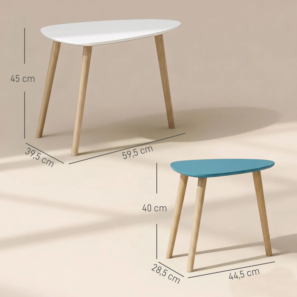 Conjunto de 2 mesas baixas encaixáveis de design escandinavo, com pés e tampo em madeira, nas cores branco e azul