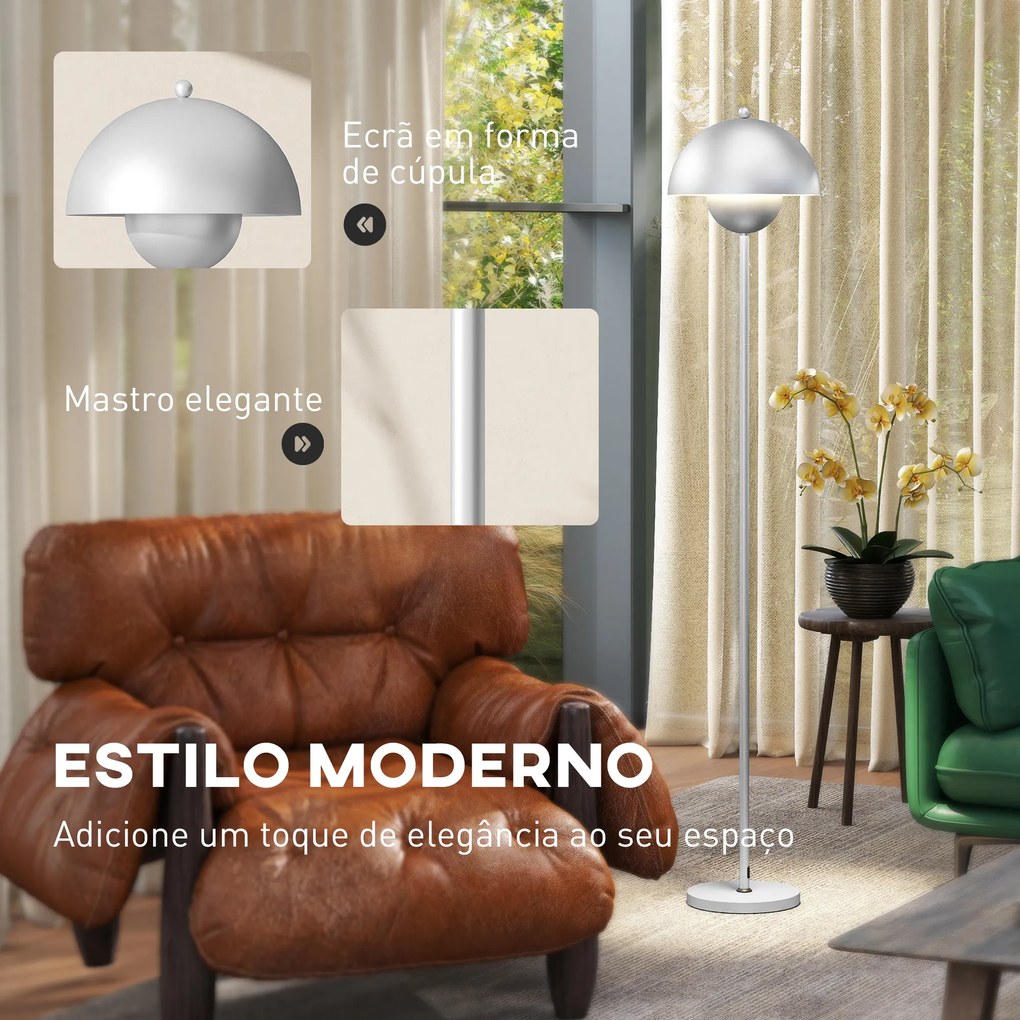 Candeeiro de Pé Moderno com Ecrã em Forma de Taça Refletora de Luz Interruptor de Pé Suporte E27 sem Lâmpada Ø35x155 cm Prata
