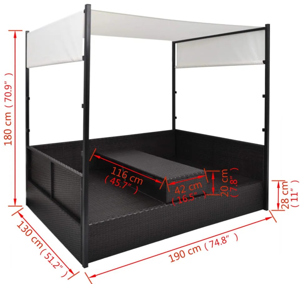 Espreguiçadeira de jardim com toldo 190x130 cm vime PE preto