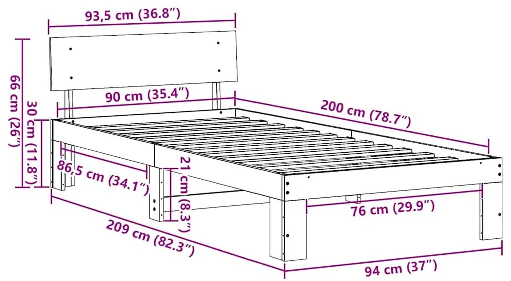 Estrado de Cama com Cabeceira Branca 90x200 cm Madeira de Pinho Maciço