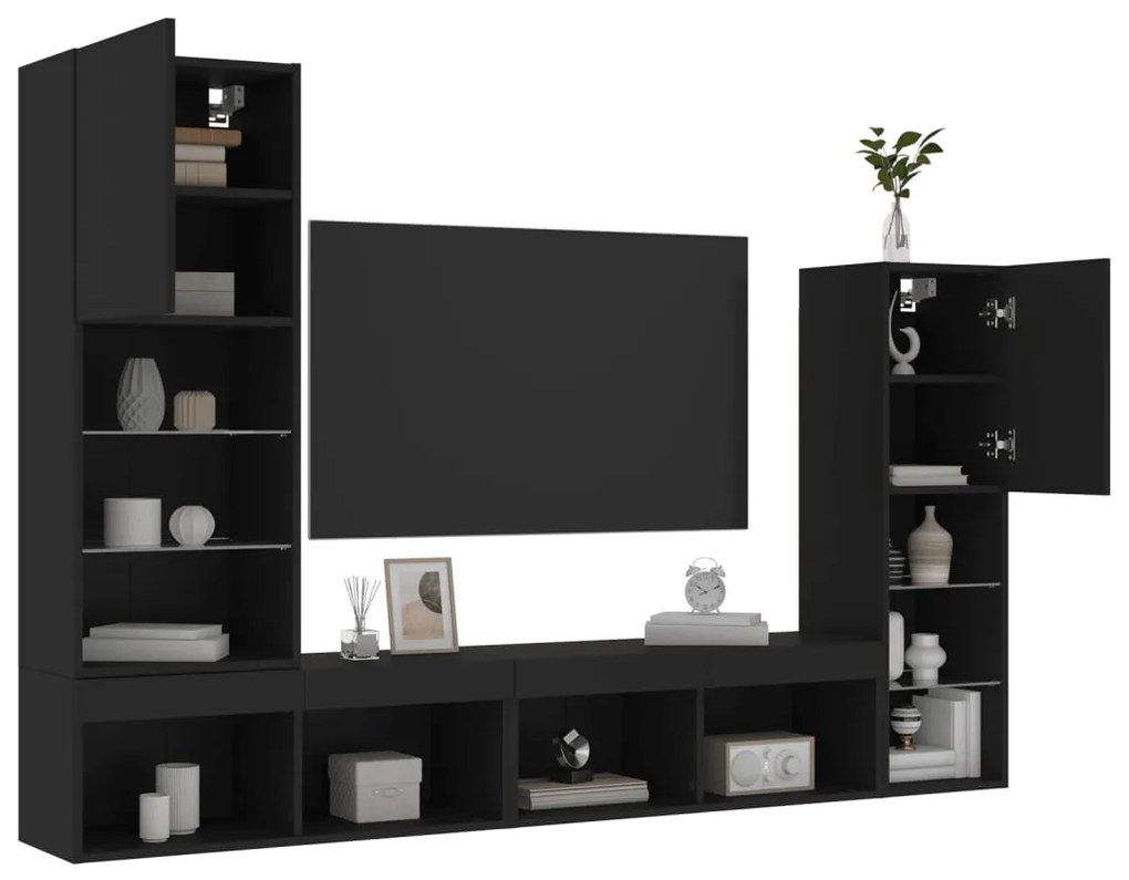 vidaXL 4 pcs móveis de parede p/ TV c/ LEDs derivados de madeira preto