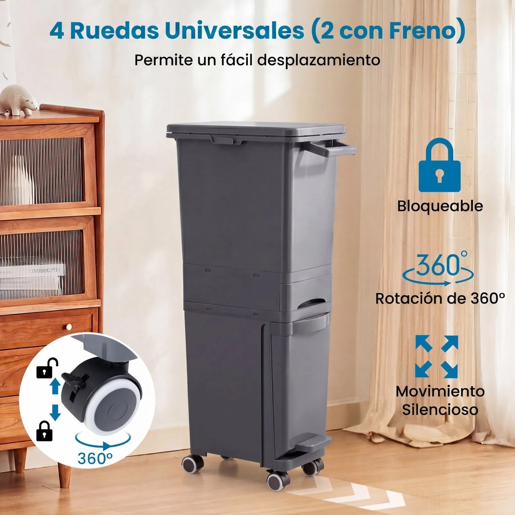 Caixote do lixo multifuncional 36 x 25 x 84 cm com pedal, base inclinável, gaveta com 2 compartimentos e autocolantes de classificação para cozinha e