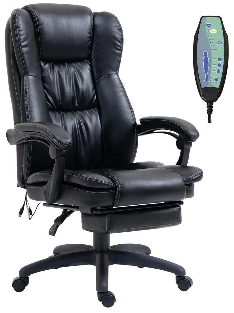 Vinsetto Cadeira de Escritório e Giratória Cadeira de Escritório com Altura Ajustável 6 Pontos de Massagem Controle Remoto e Apoio para os Pés Retrátil 68,5x68,5x119-127cm Preto