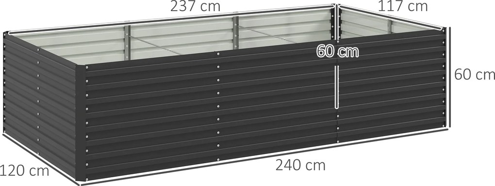 Floreira elevada galvanizada retangular para exterior - fundo aberto - 240 x 120 x 60 cm, cinzento
