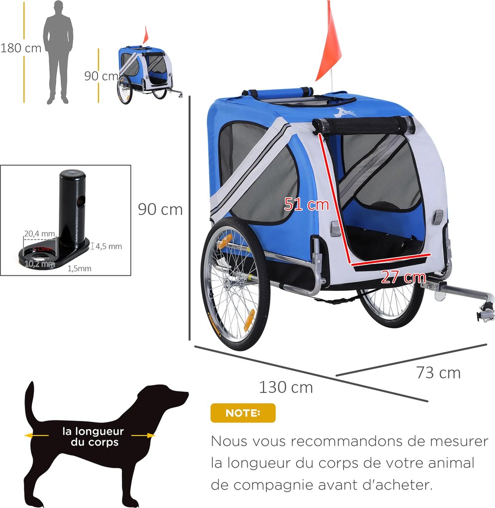 Reboque de bicicleta para cães e animais de estimação, com 8 refletores, bandeira e barra de engate incluídas, 130 x 73 x 90 cm, azul