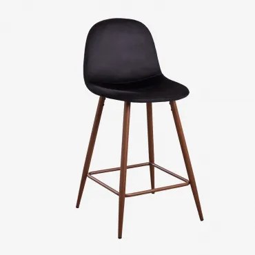 Banqueta Alta De Veludo Glamm Preto & Madeira Escura & ↑65 Cm - Sklum