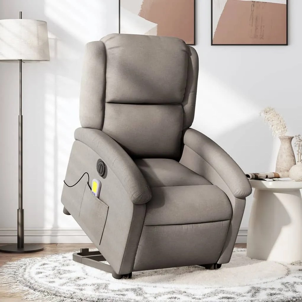vidaXL Poltrona elétrica elevatória massagens tecido cinza-acastanhado
