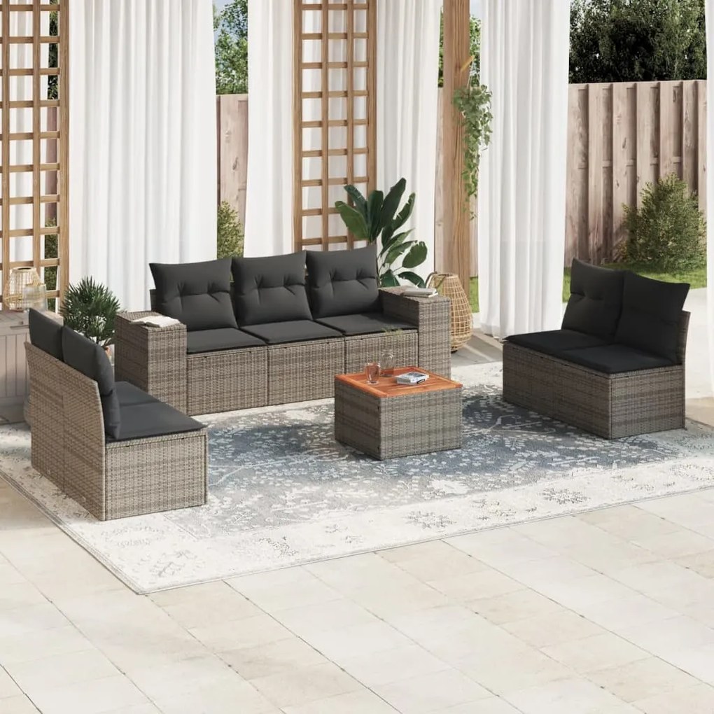 8 pcs conjunto sofás de jardim c/ almofadões vime PE cinzento