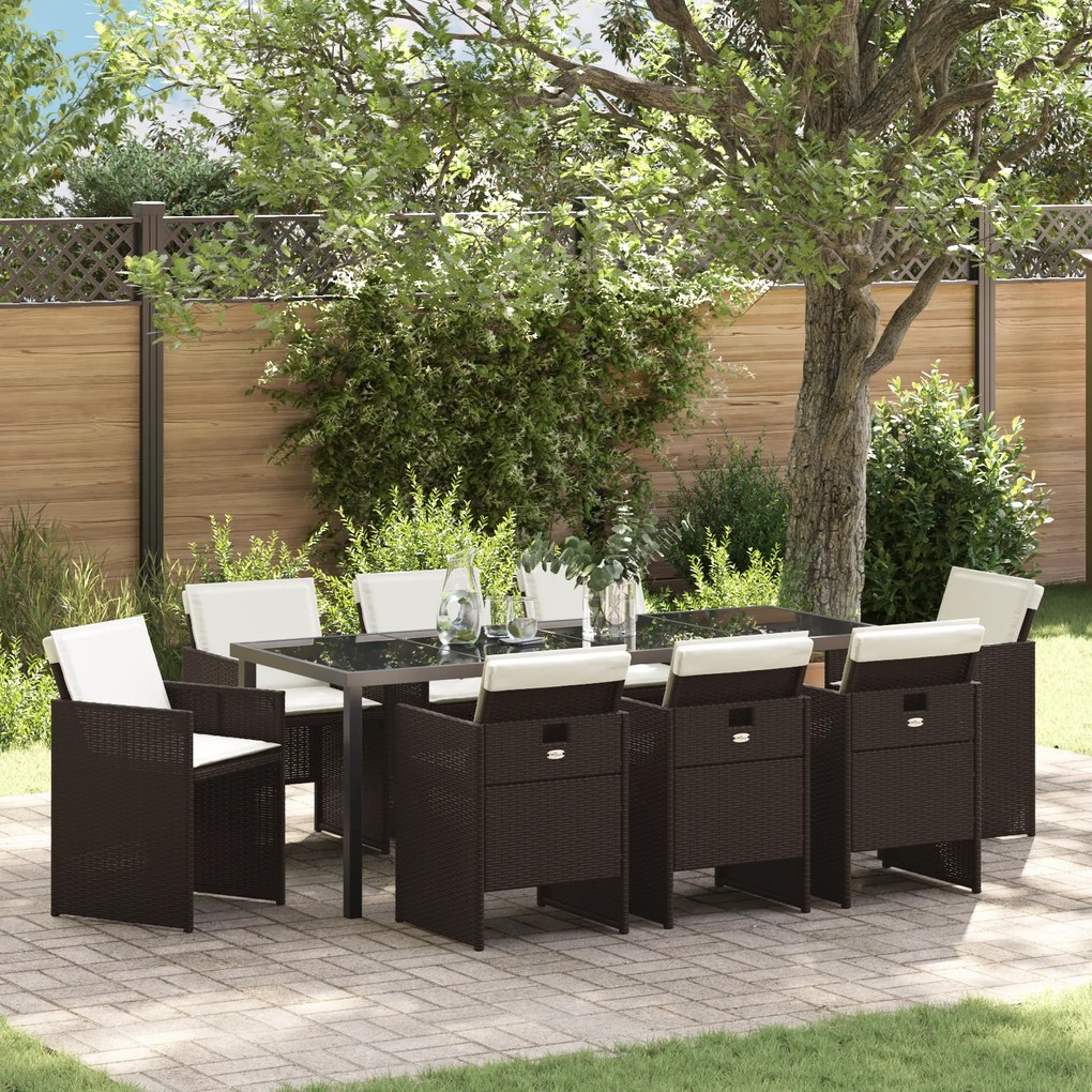 Conjunto de Jantar de Jardim vidaXL 9 Peças com Almofadas Castanho Vime Polipropileno