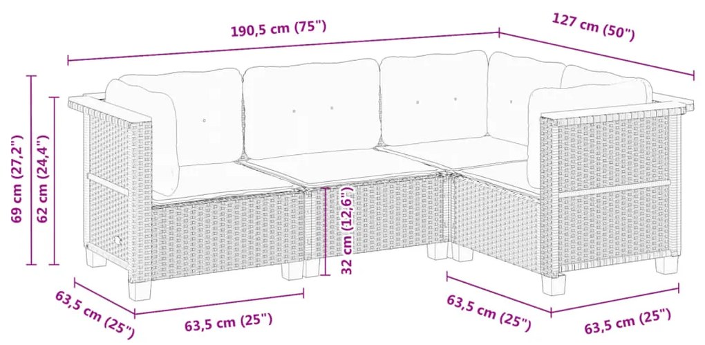 4 pcs conjunto de sofás para jardim c/ almofadões vime PE preto