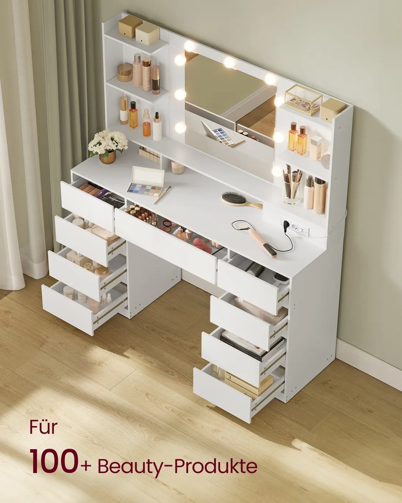 Toucador com espelho 40 x 107 x 144 cm, iluminação LED com 2 tomadas e estação carregamento Branco