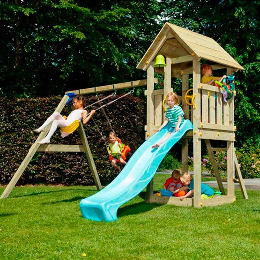 Parque Exterior infantil de madeira com escorrega Torre KIOSK XL Com Baloiço Duplo