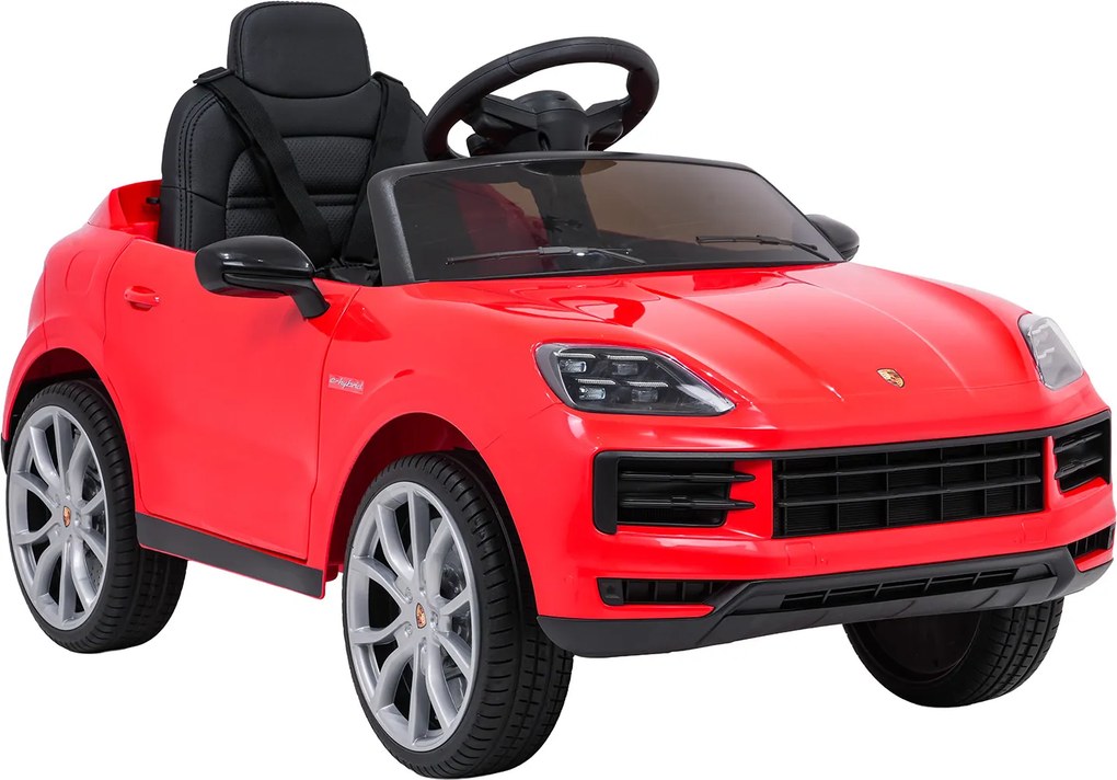 Carro elétrico para Crianças 2 a 5 anos 12V Porsche Cayenne, Rodas de espuma EVA, Controlo Remoto, assento Couro ecológico preto Vermelho