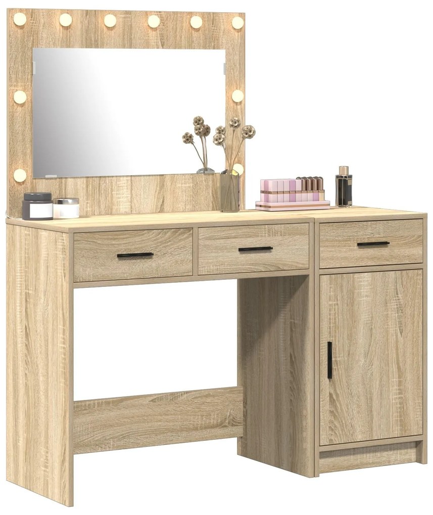 Conjunto de Mesa de Maquilhagem com LED de 2 Peças em Madeira de Carva