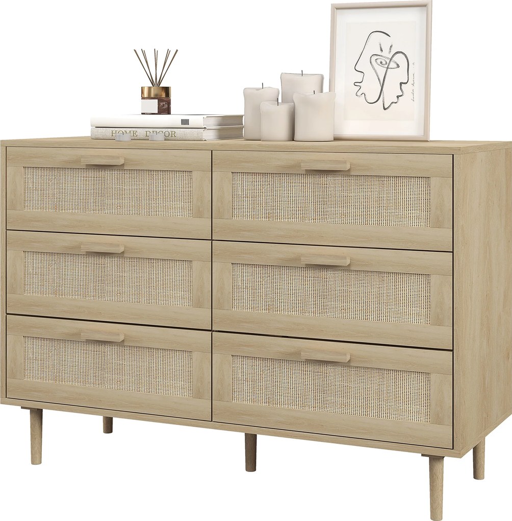 Cómoda com 6 gavetas, móvel de arrumação com trançado de vime, 110 x 40 x 75 cm, acabamento em madeira clara