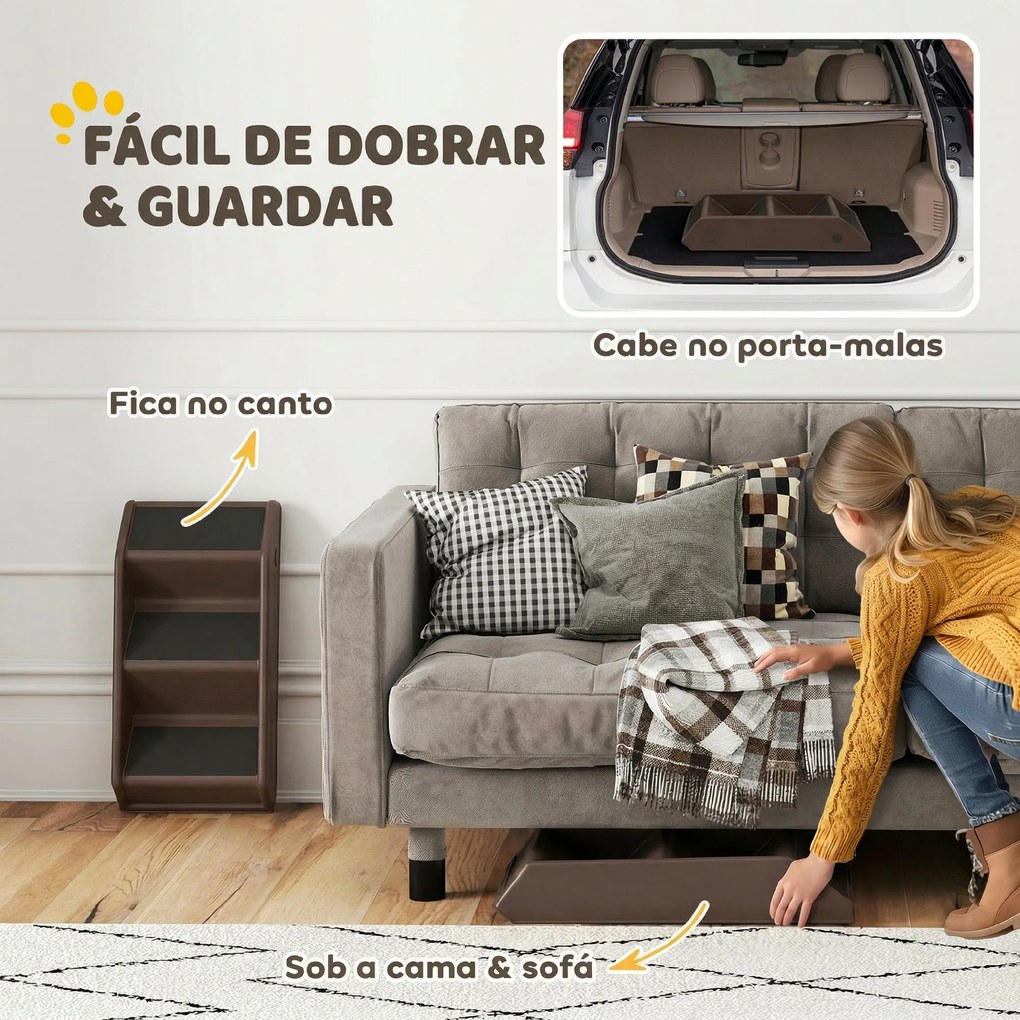 Escada Dobrável para Cães de 3 Degraus para Animais de Estimação Idosos para Cama Sofá 53x30,5x36,5 cm Castanho