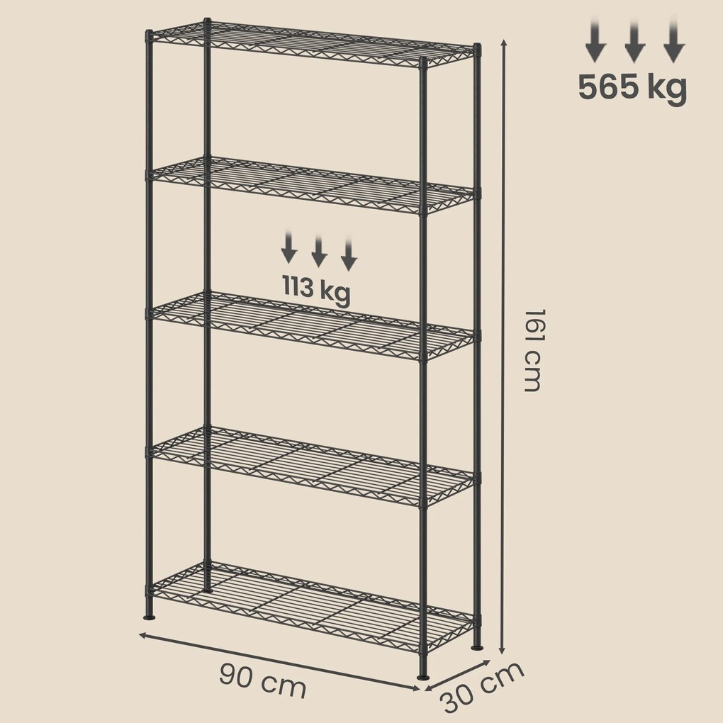 Estante de metal e plastico 30 x 90 x 161 cm, prateleiras ajustáveis, estante de arrumação com 5 níveis para garagem preto