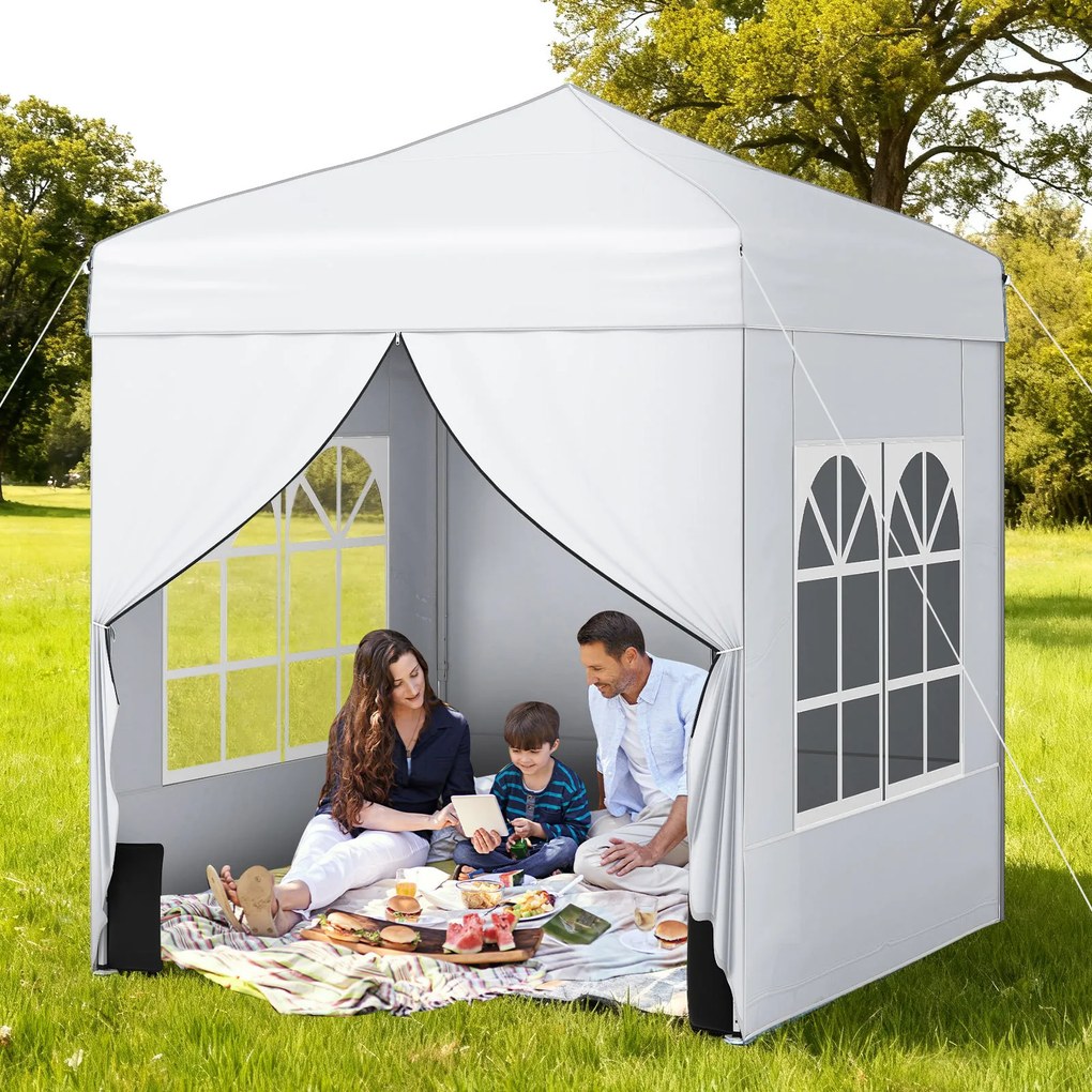 Tenda dobrável 194 x 194 cm, com 4 paredes laterais, 3 alturas ajustáveis, e 4 sacos de areia, 8 estacas, branca