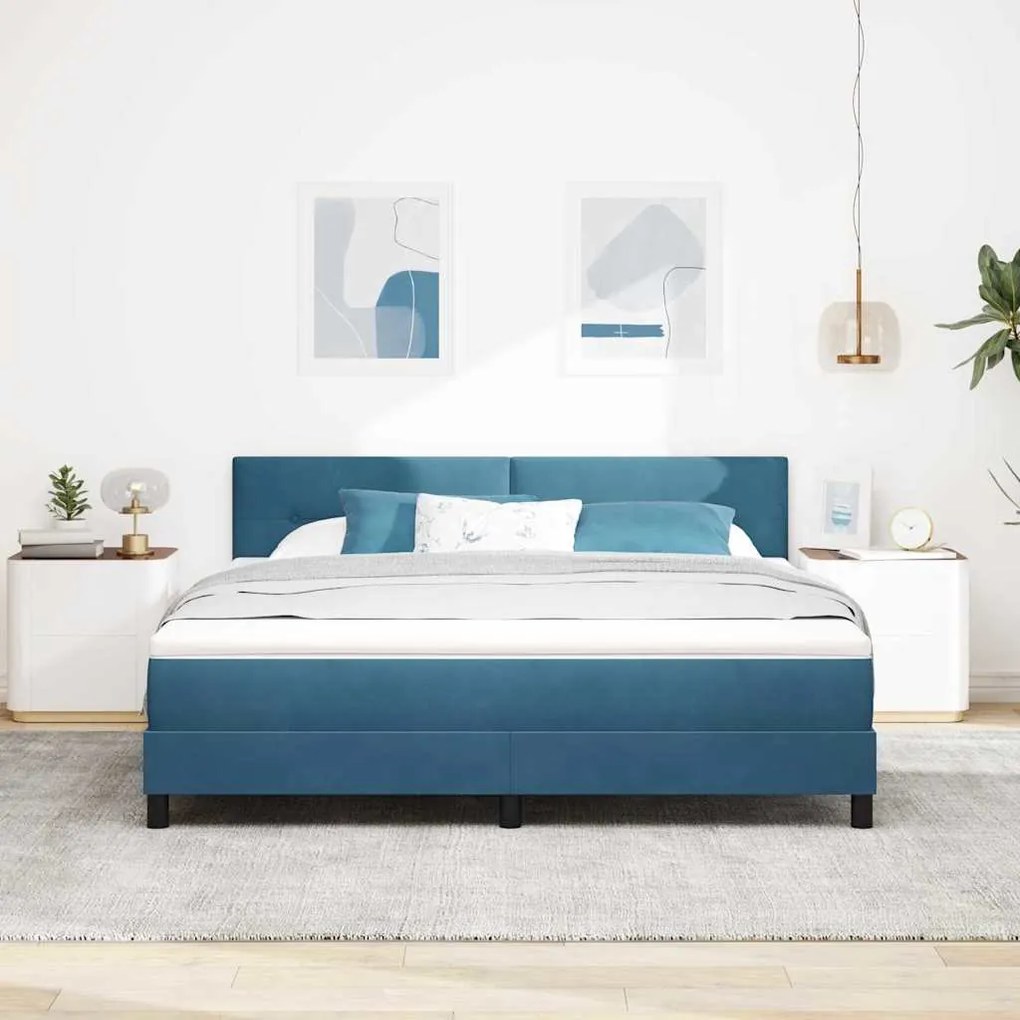 Cama Box Spring com Colchão Azul Escuro Super King Veludo