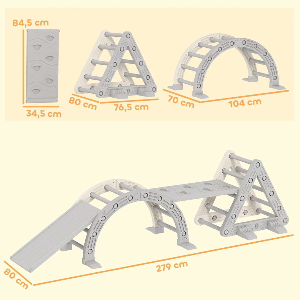 Triângulo de escalada infantil 8 em 1, arco de escalada, rampa dupla para escalar e deslizar, 279 x 80 x 69 cm, cinzento